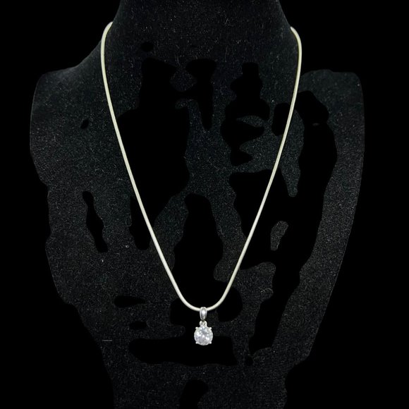 Unknown Jewelry - VTG Sterling Silver Snake Chain Necklace W/Solitaire CZ Pendant (2738)